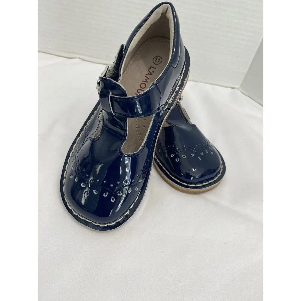 L'Amour Mary Jane Shoes Girls 11 Navy Blue Excellent T-Strap Brogue F-410